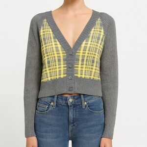 Mossimo Supply Co. Gray and Yellow Y2K Checkered Cardigan
